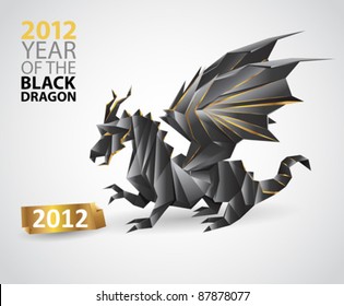 black dragon - symbol of 2012 year - isolated origami paper art - vector illustration