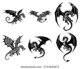 Black dragon vector illustration showing a mythical creature with bat-like wings fully extended in flight and a curved serpentine tail ideal for fantasy art, gaming design, and mythological