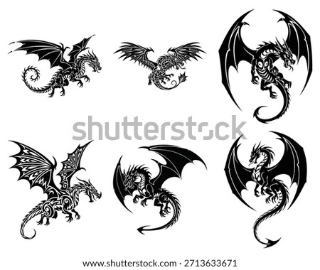Black dragon vector illustration showing a mythical creature with bat-like wings fully extended in flight and a curved serpentine tail ideal for fantasy art, gaming design, and mythological