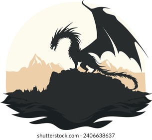 Black dragon vector illustration, sitting on a rock