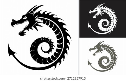 Una Ilustración vectorial de dragón negro en un estilo de tatuaje es un símbolo oriental de la mitología china y la cultura antigua