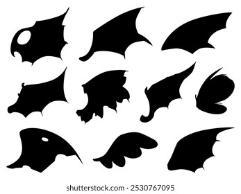 Black dragon wings silhouette. Isolated wing of dragons fairy lady butterfly. Flying elements for tattoo logo decoration design, nowaday vector set