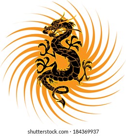 Black dragon with yellow outline on a gold spiked wheel