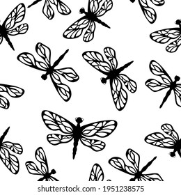 Black dragonflies with simple decorative shapes on a white background. Seamless insect style pattern. Suitable for wrapping, textile.