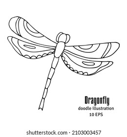 Black dragonfly Aeschna Viridls, isolated on white background. Dragonfly tattoo sketch. Coloring books. Hand-drawn vector illustration