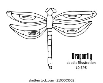 Black dragonfly Aeschna Viridls, isolated on white background. Dragonfly tattoo sketch. Coloring books. Hand-drawn vector illustration