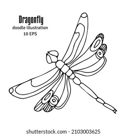 Black dragonfly Aeschna Viridls, isolated on white background. Dragonfly tattoo sketch. Coloring books. Hand-drawn vector illustration