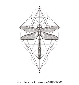 Black dragonfly Aeschna Viridls, isolated on white background. Tattoo sketch. Mystical symbols and insects. Alchemy, religion, occultism, spirituality, coloring books. Hand-drawn vector illustration