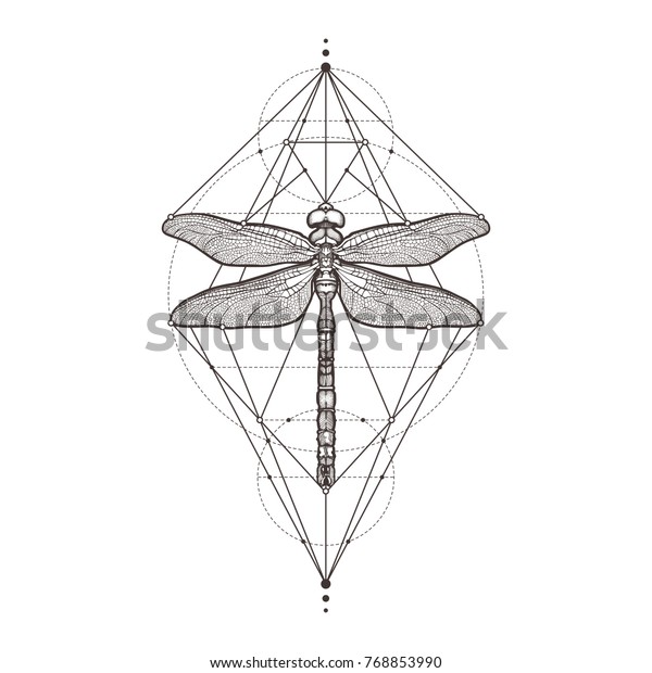 白い背景に黒いトンボ アシュナビリドル タトゥーのスケッチ 神秘的な象徴と昆虫 錬金術 宗教 オカルティスム 精神性 彩色本 手描きのベクトルイラスト のベクター画像素材 ロイヤリティフリー