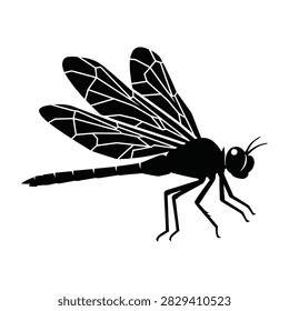 A black dragonfly with large wings and long body isolated on white background, simple illustration
