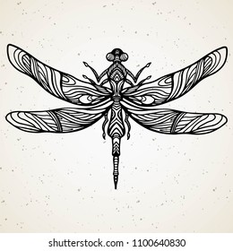 Black dragonfly on white background isolated. Hand-drawn vector illustration.