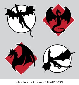 Schwarze Drachen und Flügeldrachen als Aufkleber für Design-Website, Logo, Kleidung, Zeichen, Anwendung oder soziale Netzwerkkommunikation. Verschiedene dunkle Drachen als Muster oder Druck für die Serie House of the Dragon.