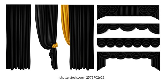 Black drape curtains set isolated on white background. Vector realistic illustration of luxury velvet drapery with golden silk decor, home interior textile, theater stage decoration, classic valance