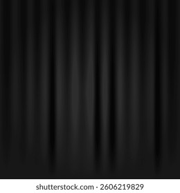 Black draped curtain background. Closed curtains for photography, theaters, vip interior, concert, fashion shows, highend events, gothic or modern home decor, exhibition booths. Vector, copy space
