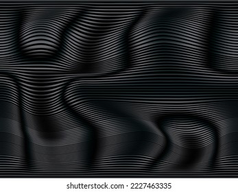 Líneas onduladas y rayas de color negro escurridizo en 3d. El arte de la línea líquida rayaba el fondo negro oscuro 3d. Tuberías fluidas de líneas de flujo y fondo vectorial de superficie de ondas. La textura moderna y negra de lujo.