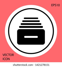 Black Drawer with documents icon isolated on red background. Archive papers drawer. File Cabinet Drawer. Office furniture. White circle button. Vector Illustration