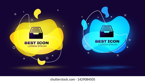 Black Drawer with documents icon isolated on blue background. Archive papers drawer. File Cabinet Drawer. Office furniture. Set of liquid color abstract geometric shapes. Vector Illustration