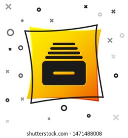 Black Drawer with documents icon isolated on white background. Archive papers drawer. File Cabinet Drawer. Office furniture. Yellow square button. Vector Illustration