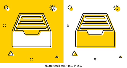Black Drawer with documents icon isolated on yellow and white background. Archive papers drawer. File Cabinet Drawer. Office furniture. Random dynamic shapes. Vector Illustration
