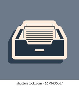 Black Drawer with documents icon isolated on grey background. Archive papers drawer. File Cabinet Drawer. Office furniture. Long shadow style. Vector Illustration