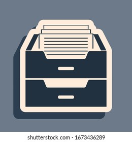 Black Drawer with documents icon isolated on grey background. Archive papers drawer. File Cabinet Drawer. Office furniture. Long shadow style. Vector Illustration