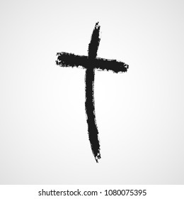 Black drawing of christian cross in doodle cartoon style. Vector illustration. Hand drawn christian cross, isolated.