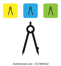 Black Drawing compass icon isolated on white background. Compasses sign. Drawing and educational tools. Geometric instrument. Set icons colorful square buttons. Vector Illustration