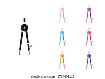 Icono de brújula de dibujo negro aislado en fondo blanco. Signo de brújula. Herramientas de dibujo y educación. Instrumento geométrico. Establecer iconos coloridos. Ilustración vectorial