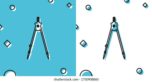 Black Drawing compass icon isolated on blue and white background. Compasses sign. Drawing and educational tools. Geometric instrument. Education sign. Random dynamic shapes. Vector Illustration