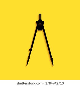Black Drawing compass icon isolated on yellow background. Compasses sign. Drawing and educational tools. Geometric instrument. Education sign. Long shadow style. Vector.