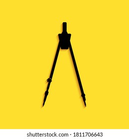 Black Drawing compass icon isolated on yellow background. Compasses sign. Drawing and educational tools. Geometric instrument. Education sign. Long shadow style. Vector.