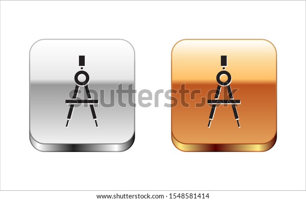 Black Drawing compass\
icon isolated on white background. Compasses sign. Drawing and\
educational tools. Geometric instrument. Silver-gold square button.\
Vector Illustration