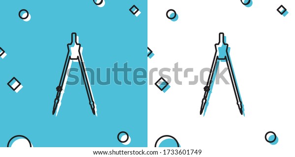 Black Drawing compass icon isolated on blue\
and white background. Compasses sign. Drawing and educational\
tools. Geometric instrument. Education sign. Random dynamic shapes.\
Vector Illustration