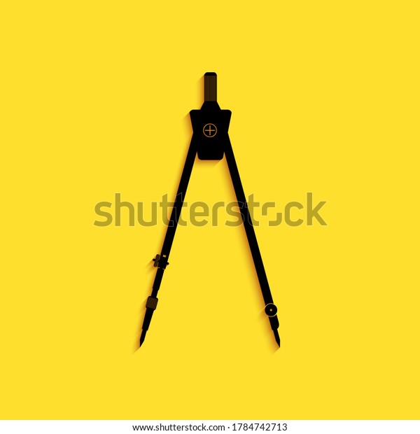 Black Drawing compass\
icon isolated on yellow background. Compasses sign. Drawing and\
educational tools. Geometric instrument. Education sign. Long\
shadow style. Vector.