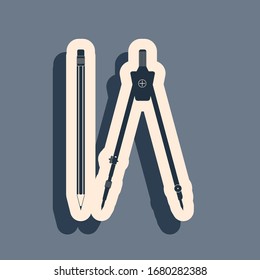 Black Drawing compass and pencil with eraser icon on grey background. Drawing and educational tool. Long shadow style. Vector Illustration