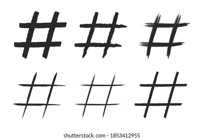 Black drawing hashtag, collection icons isolated on white background. Hash tag symbol for social media. Hand drawn design. Vector illustration.