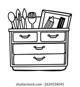 black drawing kitchen drawer line art vector