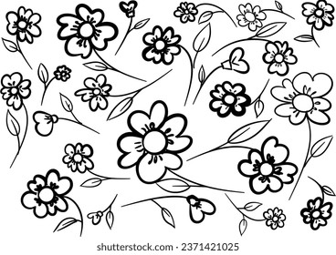 Black drawing line of seamless floral pattern, design for fabrics print or wallpaper, hand drawing vector, Isolated floral elements, daisy, aster, chrysanthemum. Line childish drawings