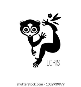 Black drawing, logo or icon of a wild nocturnal eyed animal lemurs Lori, who can be a pet sitting on a branch of a tropical tree. Silhouette, engraving, vector, isolated on background for design.