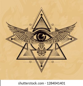 Black Drawing occult symbol on the yellow gold background. Papyrus with sacred geometry. Triangle and six pointed star witn wings and all seeing eye. Masonic symbol. Print for t shirt and tatto art.