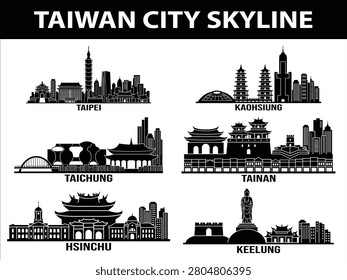 A black drawing set depicting skyline landscapes of Taipei, Kaohsiung, Taichung, Tainan, Hsinchu, and Keelung in Taiwan.