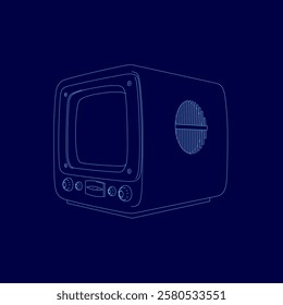 Black drawing of a television with a blue circle on side. The television is small and square in shape