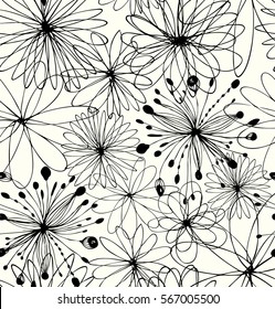 Black drawn background with round fantasy shapes, flowers. Vector abstract pattern, decorative linear texture