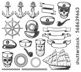 Black drawn isolated vintage sailor naval icon set and ribbons on white background vector illustration
