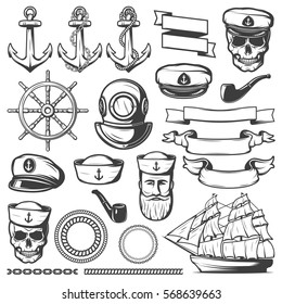 Black drawn isolated vintage sailor naval icon set and ribbons on white background vector illustration