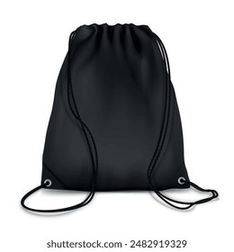 Mochila de lazo negro mock up bolsa de deporte para el paquete de zapatos de Ilustración vectorial realista. Mochila de tela con cuerdas de equipaje textil para ropa cosas personales de transporte y turismo de viajes