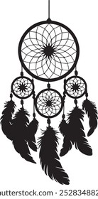 Black Dreamcatcher Silhouette with Flowing Feathers and Web for Bohemian and Spiritual Designs, Dream catcher vector, Dream catcher 