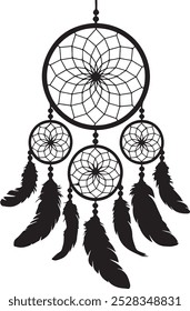 Black Dreamcatcher Silhouette with Flowing Feathers and Web for Bohemian and Spiritual Designs, Dream catcher vector, Dream catcher 