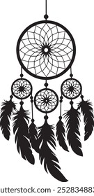 Black Dreamcatcher Silhouette with Flowing Feathers and Web for Bohemian and Spiritual Designs, Dream catcher vector, Dream catcher 