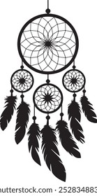 Silhueta do Dreamcatcher preto com penas fluindo e Web para desenhos boêmios e espirituais, vetor do catcher do sonho, catcher do sonho 